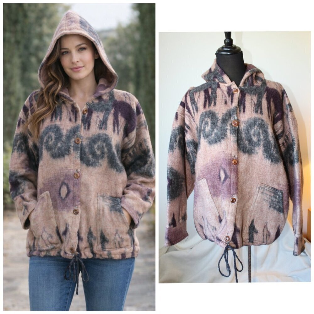 Handmade 100% Wool Hoodie Large/Oversize Jacket Llama Print Southwester Ecuador